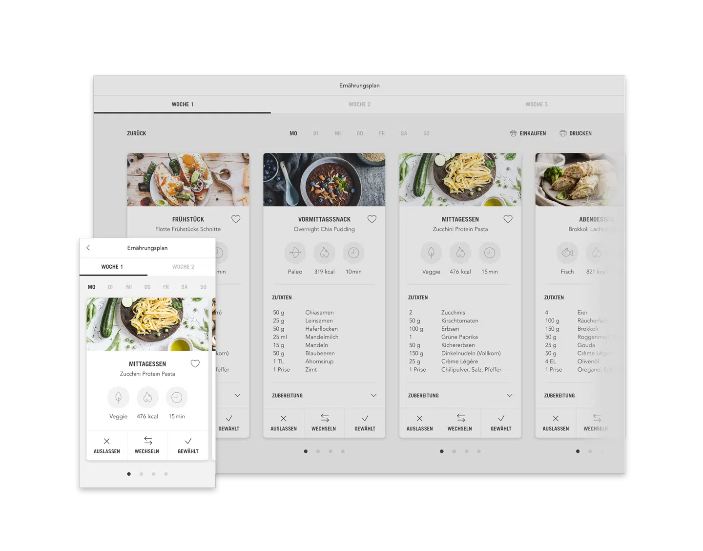 P2Arnstadt Ernährungsplan Plan mit Mahlzeiten (Desktop responsive Ansicht Beispiel Tag)